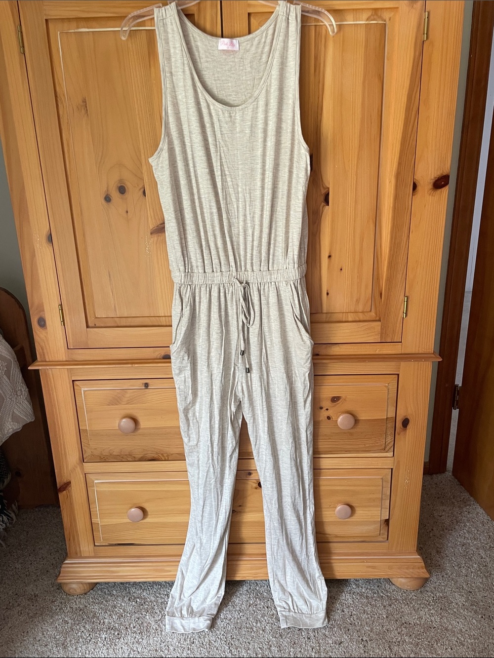 Pink Lily Sleeveless Drawstring Jumpsuit in Beige Heather
